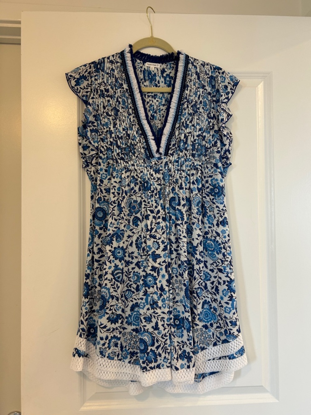 Poupette St. Barth White and Blue Floral V-Neck Midi Dress